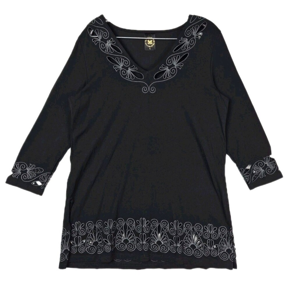 Metropolitan Museum of Art Womens Black Tunic Top Long Sleeve Floral Blouse NEW
